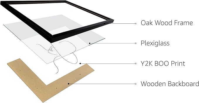 Elegant Woman in Hat Wall Art Minimalist Feminine Profile Continuous Line Drawing 16x20 Inch Oak Wood Black Framed Chic Fashion Print for Vanity Bedroom