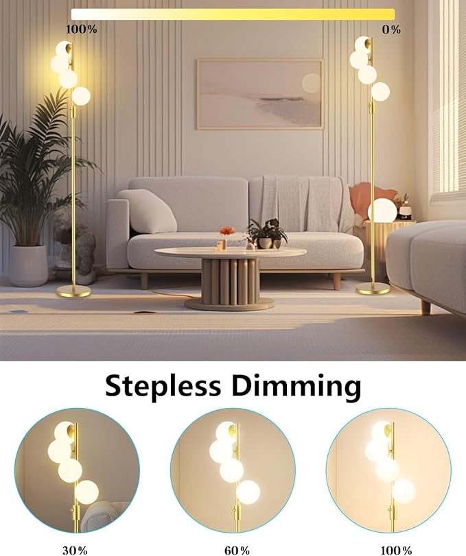 Lightdot 64IN Dimmable Globe Floor Lamp, Gold Standing Lamps with 4PCS 3000K Bulbs Soft Warm White Eye Care, Mid Century Modern Floor Lamp for Living Room/Bedroom/Sofa Beside/Corner Decor