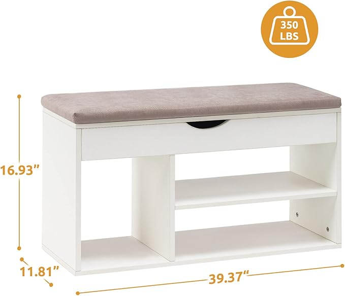Apicizon 39 Inches Storage Bench, Shoe Bench with Flip Top Storage Space and Padded Cushion, Wooden Entryway Bench for Entryway, Living Room, 2-Tier Shoe Rack Organizer, White