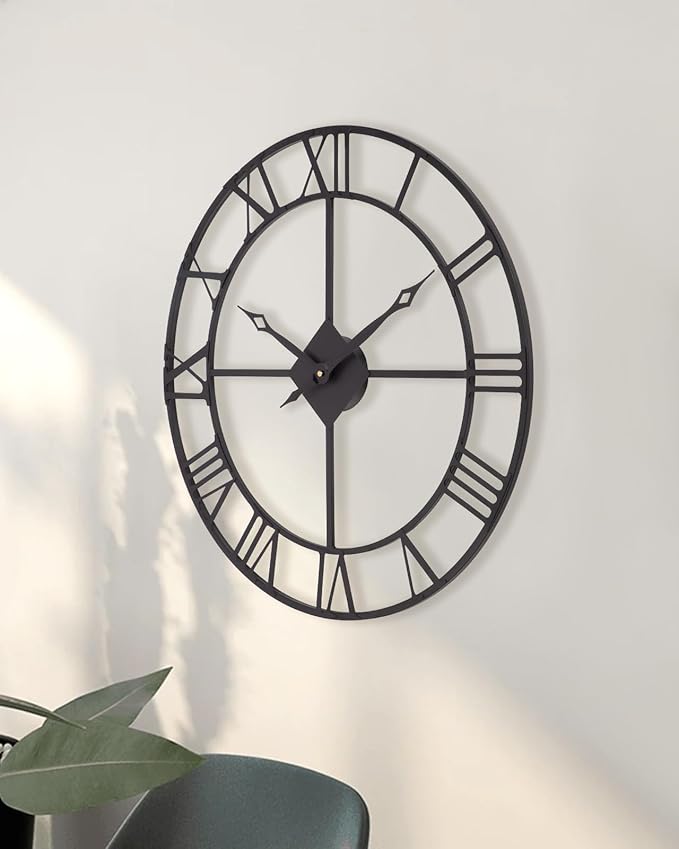 24 Inch Wall Clock, Large Roman Numerals Wall Clocks Battery Operated, Slient Vintage Skeleton Black Metal Indoor Outdoor Clocks for Living Room, Bedroom, Kitchen, Dining Room, Patio Decor