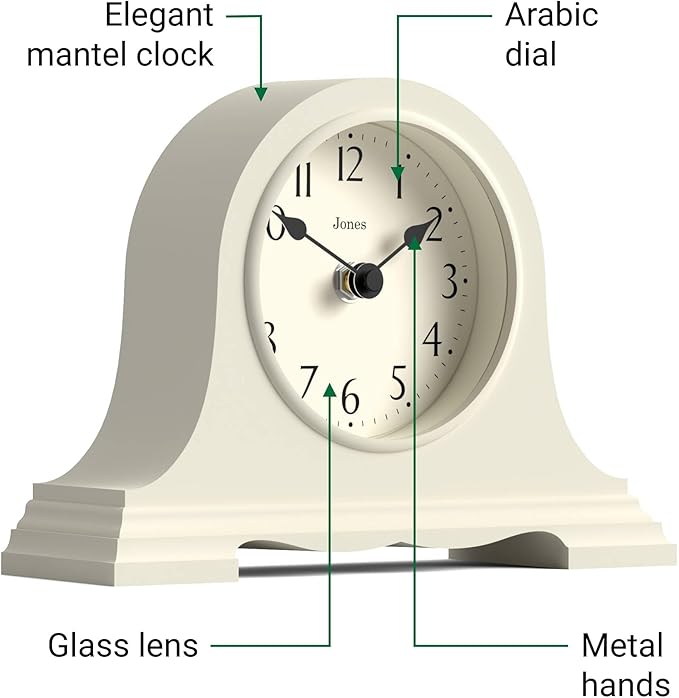 JONES CLOCKS® Speakeasy Mantel Clock | Classic Napoleon’s hat Design | Pale Cream | Contemporary Classic Style for Desk, Table, Shelf or Bedside
