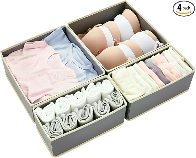 Drawer Organizer Set 4 Pack - Foldable 11" Fabric Storage Bins with Zipper Bottom for Underwear Socks Bras Baby Clothes - Closet Dresser Dividers for Bedroom Nursery, Light Grey