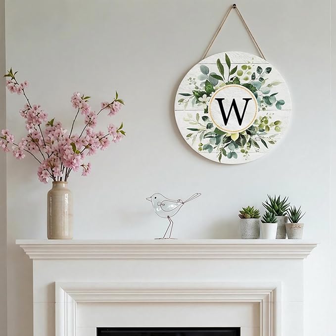 Smile Monogram Letter W Wreaths Wooden Welcome Sign, Family Last Name Initial Front Door Wall Decoration, Floral Spring Summer Porch Rustic Home Kitchen Decor