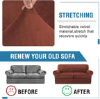 H.VERSAILTEX Sofa Cover 3 Piece T Cushion Loveseat Slipcovers Thick Velvet Couch Cover Stretch T Cushion Sofa Covers for 2 Cushion Couch with 2 Individual T Cushion Covers Washable, Rust