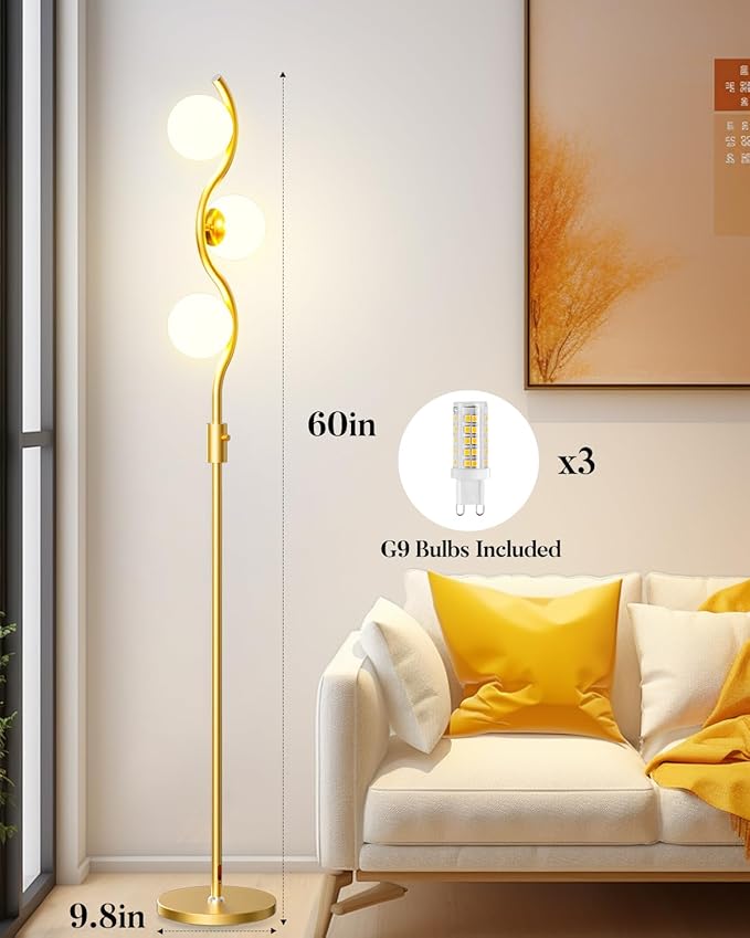 Lightdot 60IN Gold Floor Lamp Stepless Dimmable Globe Floor Lamps with 3Pcs 3000K Bulbs Included Eye-Friendly Mid Century Standing Lamps for Living Room/Bedroom/Sofa Beside/Corner Decor