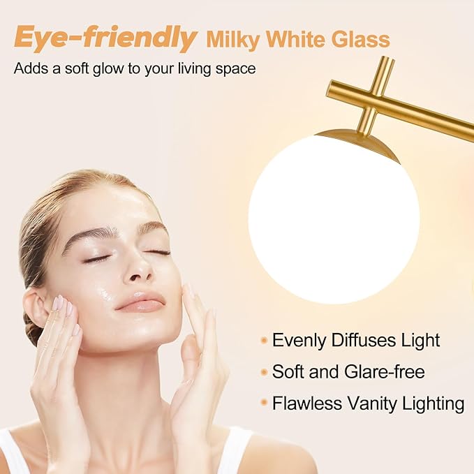 3-Light Bathroom Light Fixtures, Brushed Gold Vanity Lights for Bathroom with Milky White Glass Ball Shade, 18.9 inch Bathroom Lighting Fixtures Over Mirror, Wall Sconce for Bedroom(Bulb Not Included)