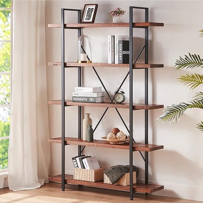 HSH 5 Tier Solid Wood Bookshelf, Natural Real Wood Bookcase, Industrial Rustic Vintage Etagere Bookshelf, Open Metal Farmhouse Solid Wooden Book Shelf, Distressed Brown