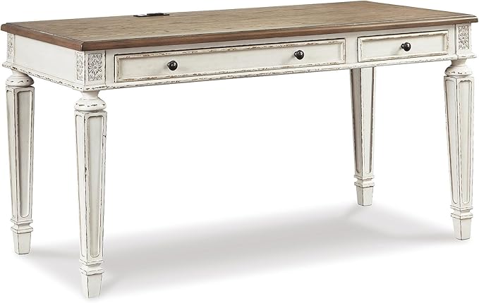 Signature Design by Ashley Realyn Farmhouse Home Office Desk, 2 Drawers, Drop-down Drawer, USB Charging, Wood, 60" W x 28" D x 31" H, Chipped White and Brown
