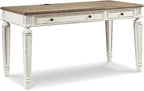 Signature Design by Ashley Realyn Farmhouse Home Office Desk, 2 Drawers, Drop-down Drawer, USB Charging, Wood, 60" W x 28" D x 31" H, Chipped White and Brown