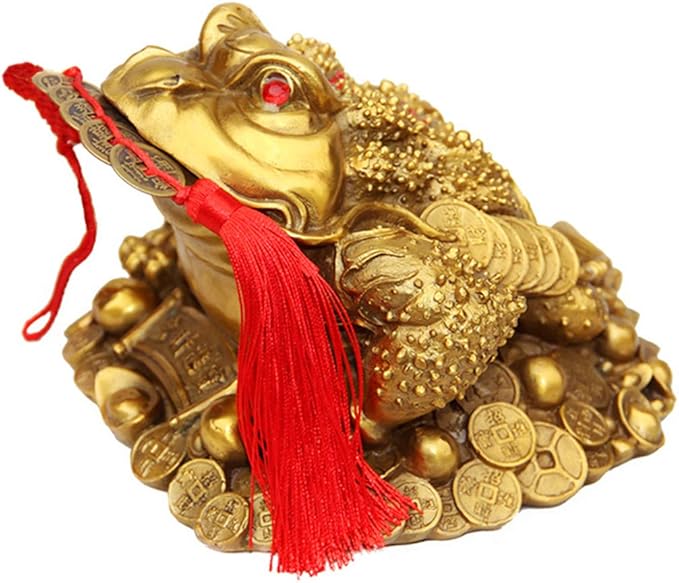 Brass Feng Shui Money Frog Three Legged Wealth Traditional Frog Money Toad Statue with Set of 5 Lucky Charm Ancient Coins on Red String Home Car Fengshui Decor (B1 Money Frog)