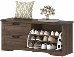 FATORRI Bench with Shoe Storage for Entryway, Wooden Shoe Benches with Flip Door and Drawers, Entry Way Shoes Organizer Cabinet for Living Room Mudroom (Dark Walnut)