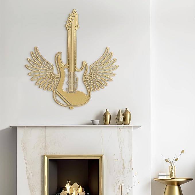 SIGNLEADER Metal Wall Art Decor - Electric Guitar with Wing Minimalist Modern Abstract Wall Sculpture Hanging Home Decoration for Living Room, Bedroom, Bathroom, Kitchen, Studio, Outdoor - 18" Gold