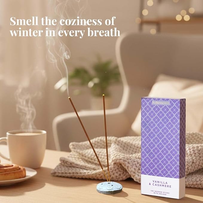 Folkulture Incense Sticks | Set of 120 Insence-Sticks with Holder for Relaxation | Vanilla & Cashmere Incense| Organic, Slow Burning & Non Toxic Inscents | Luxe Sweet Fragrances for Meditation