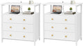 3 Wooden Drawers Nightstand, 27 Inch Wide Night Stand Set 2 with Charging Station and Adjustable Drawers, Small Dresser for Closet, Bedside Table for Living Room/Bedroom/Office, White.