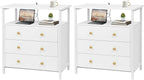 3 Wooden Drawers Nightstand, 27 Inch Wide Night Stand Set 2 with Charging Station and Adjustable Drawers, Small Dresser for Closet, Bedside Table for Living Room/Bedroom/Office, White.