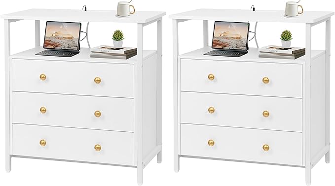 3 Wooden Drawers Nightstand, 27 Inch Wide Night Stand Set 2 with Charging Station and Adjustable Drawers, Small Dresser for Closet, Bedside Table for Living Room/Bedroom/Office, White.