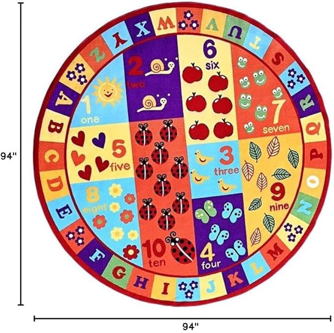 Furnish my Place 740 ABC with Numbers ABC Area Rug for Kids | Educational Alphabet Letter & Numbers | Nurseries Kindergarten | Play Area | Multicolor (7'10" Round)