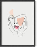 Aesthetic Face Wall Art Hands on Cheeks Continuous Line Drawing Abstract Pink Shapes 12x16 Inch Oak Wood Black Framed Modern Portrait for Bedroom Vanity