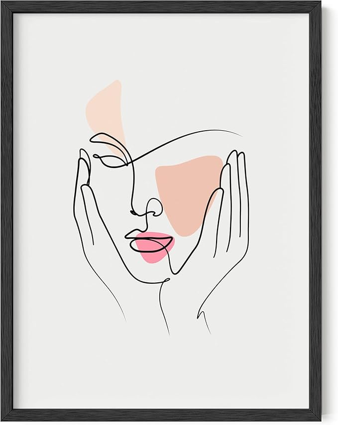 Aesthetic Face Wall Art Hands on Cheeks Continuous Line Drawing Abstract Pink Shapes 12x16 Inch Oak Wood Black Framed Modern Portrait for Bedroom Vanity