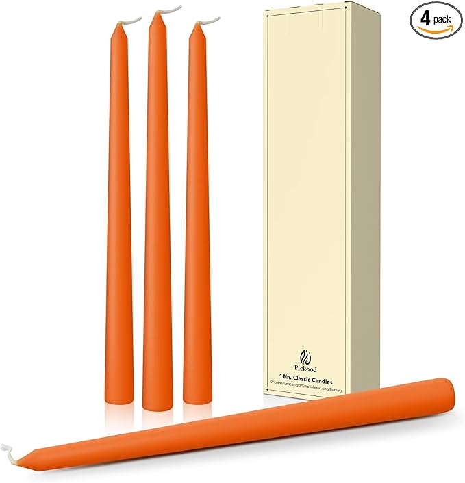 10-Inch Tall Dripless Taper Candles Set of 4 - Orange Tapered Candles, Perfect for Halloween,Fall - Smokeless, Unscented, Long Burning - Hand Poured, Colored Tall Candlesticks - Thanksgiving