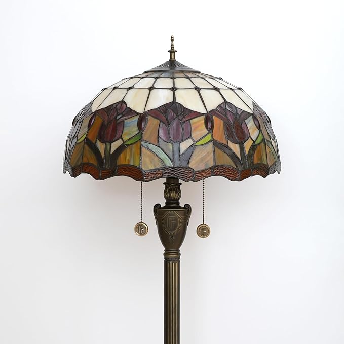 Tiffany Floor Lamp Red Tulip Style Stained Glass Standing Reading Light 16X16X64 Inches Antique Unique Pole Corner Tall Decor Lamp for Bedroom Living Room Home Office