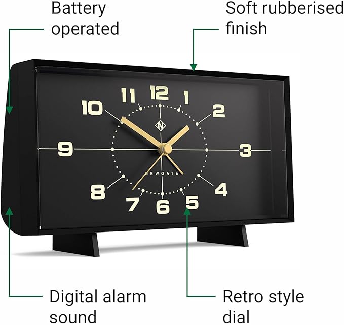 NEWGATE® Wideboy Alarm Clock | Rectangular Retro Design | Black | Mid Century dial | Ideal for Bedside, Desk, Mantel or Shelf | Retro Bedroom & Office Accessory