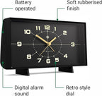 NEWGATE® Wideboy Alarm Clock | Rectangular Retro Design | Black | Mid Century dial | Ideal for Bedside, Desk, Mantel or Shelf | Retro Bedroom & Office Accessory
