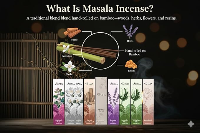 Serenity Series Masala Incense Sticks (6 Pack) – Hand-Rolled Natural Incense, Long-Burning Masala Sticks for Meditation, Yoga, Relaxation & Aromatherapy