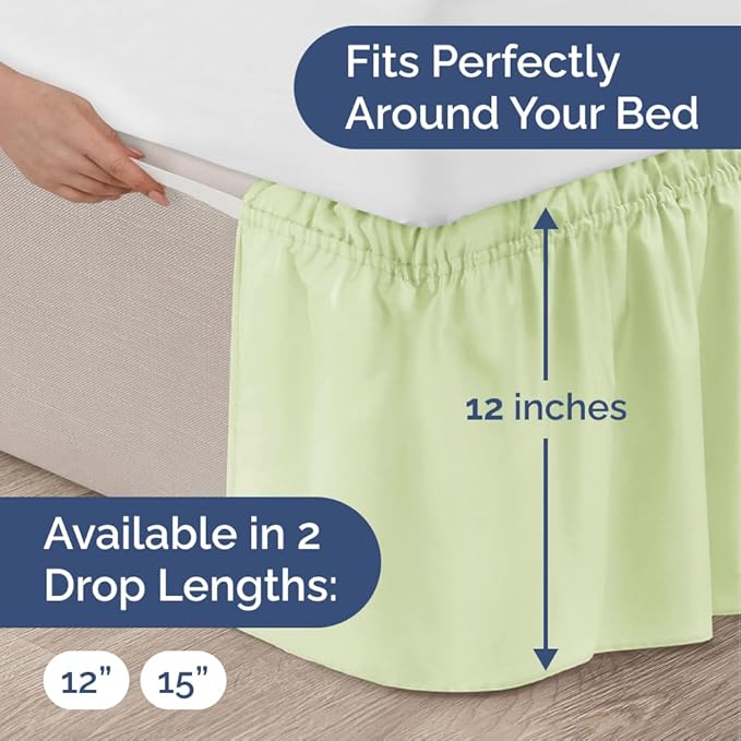 Wrap Around Dust Ruffle Bed Skirt - Light Sage - for Queen Size Beds w/ 12 Inch Drop - Easy Fit Elastic Strap - Adjustable Pleated Bedskirt w/Brushed Fabric - Wrinkle Free, Women, Men, Kids & Teens
