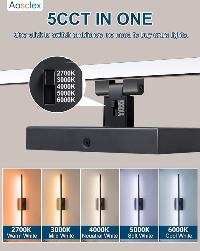 Wall-Mounted Bathroom Lighting Fixtures, 32 Inch 24W IP44 Black Modern Bathroom Vanity Light, 5CCT Adjustable (2700K–5000K), Dimmable LED Light Fixture, Dual-Sided, 180° Rotatable Angle, ETL