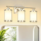 3-Light Brushed Nickel Bathroom Light Fixtures with Milk Frosted Glass, 21" Modern Bathroom Vanity Lighting Fixtures Over Mirror with Metal Cage, Wall Sconce Lights for Bath, E26, OS-3014BNW-3W