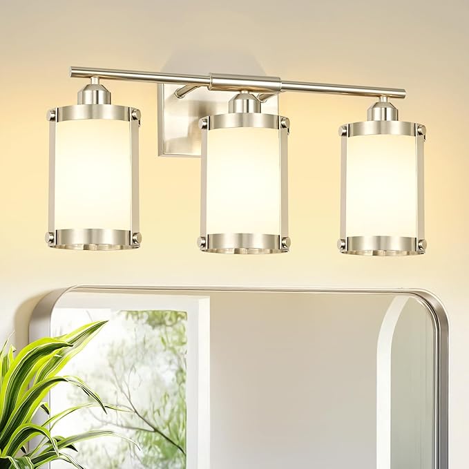 3-Light Brushed Nickel Bathroom Light Fixtures with Milk Frosted Glass, 21" Modern Bathroom Vanity Lighting Fixtures Over Mirror with Metal Cage, Wall Sconce Lights for Bath, E26, OS-3014BNW-3W