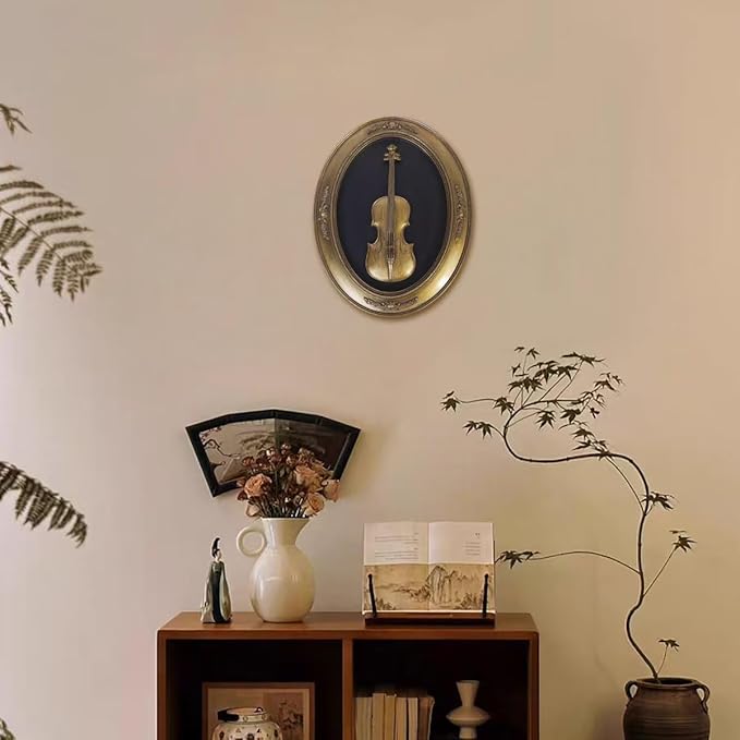 Vintage Wall Sculpture,Antique Pediment,Hallway Art,Hand Painted Instrument Decoration Accent Artworks for Indoor Kitchen Bedroom Living Room Office Outdoor Garden Patio Oval (Bronze Violin)
