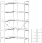 Huuger 5 Tier Bookshelf, L Shaped Corner Bookshelf with 10 Open Shelves, 49.4 Inch Straight Wide Bookcase with Metal Frame and Wooden Board, Adjustable Feet, White