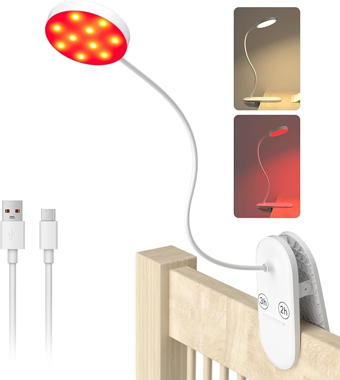 Diomart Rechargeable LED Desk Lamp, Clip On Dimmable Reading Light with Timer, Red Light Sleep Aid Bedside Lamp for Workbench, Kids, Studying，Home