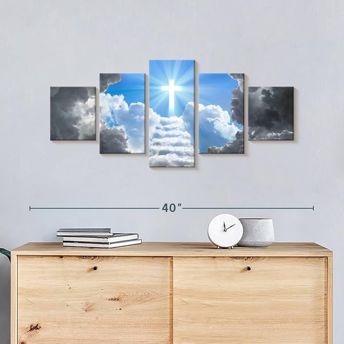 Elephant Stock Stairway To Jesus Christ Wall Art Multi Piece Canvas - 5 Panel Christian Pictures Decor - Digital Design Canvas Print - Christian Wall Decor - 36" X 15"