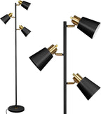 Tree Floor Lamp for Living Room, Industrial 3-Light Standing Lamp with 3 LED Bulbs, Adjustable Rotation Heads, Standing Tall Pole Lamp Farmhouse Rustic Reading Lamps for Bedroom Office (Black Gold)