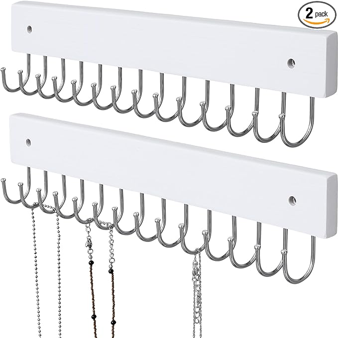 Hanging Jewelry Organizer Wall Mounted, Modern Jewelry Display with 28 Hooks, Decorative Necklace Holder for Wall, Space Saving Necklace Hooks, (2 Packs, White)