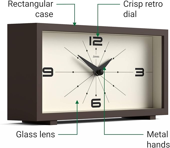 JONES CLOCKS® 'Odeon' Desk Clock | Modern Rectangular Design in Brown, Stylish Retro Look for Shelf, Table, Mantel or Bedside