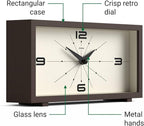 JONES CLOCKS® 'Odeon' Desk Clock | Modern Rectangular Design in Brown, Stylish Retro Look for Shelf, Table, Mantel or Bedside
