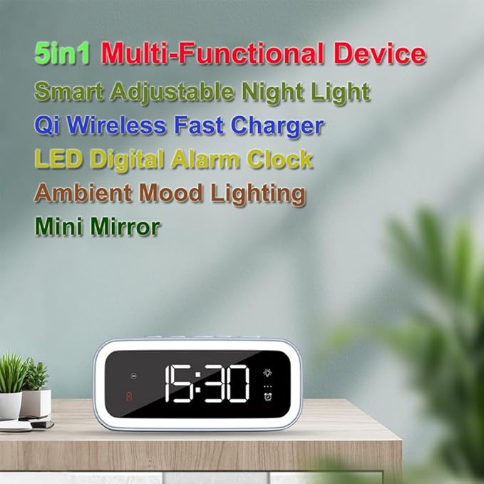 IHAO 5in1 Multi-Functional Alarm Clock with Wireless Charging 15W Fast Charger for Phone & Earbuds 3 Group Alarms, Dimmable Night Light, USB Port, Digital Clock Adjustable Light Mini Mirror QXF-805