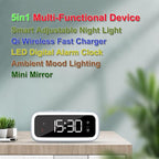 IHAO 5in1 Multi-Functional Alarm Clock with Wireless Charging 15W Fast Charger for Phone & Earbuds 3 Group Alarms, Dimmable Night Light, USB Port, Digital Clock Adjustable Light Mini Mirror QXF-805