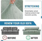 H.VERSAILTEX Sofa Cover 4 Piece T Cushion Sofa Slipcovers Thick Velvet Couch Cover Stretch T Cushion Sofa Covers for 3 Cushion Couch with 3 Individual T Cushion Covers Washable, Sea Grass