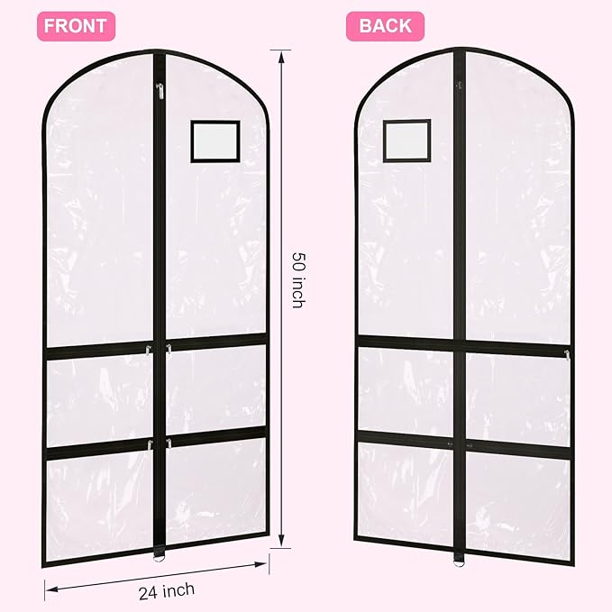 14 Pcs Garment Bags for Dance Costumes Clear PVC with Zippers 24 x 50 Inch Suits Bag with Pockets Dance Costume Organizer Carrier for Storage Cover for Adult (Fully Transparent Black,Classic)