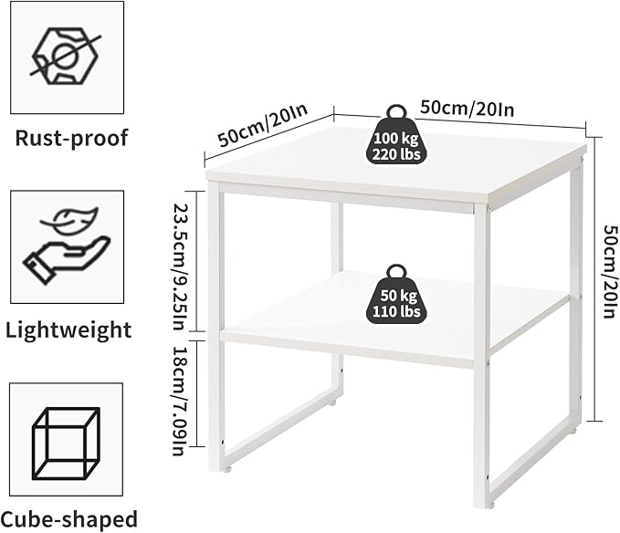 Large End Table for Living Room, Small Table Stand 20 Inch, Fridge Stand Printer Table with Adjustable Shelf, Square Tea Coffee Table for Office White YD-TM153W