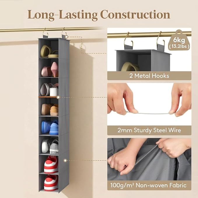 Lifewit 8 Tier Shoe Hanging Organizer for Closet, Folding Fabric Shoes Storage with Two Sturdy Hangers, Hanging Shoe Organizers for Shelves, Wardrode, Dorm, 11.8" L X 5.9" W X 41.3" H, Gray