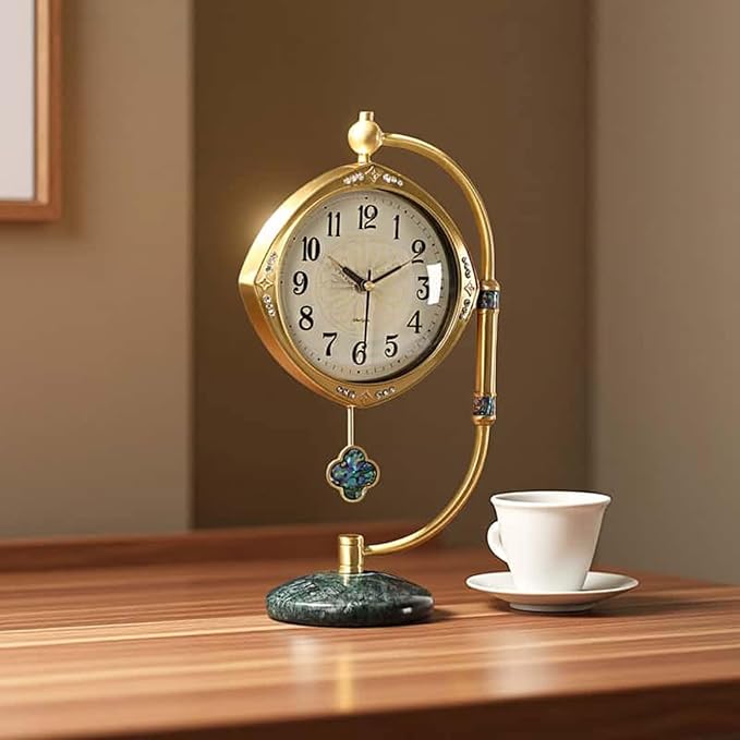 Quartz Movement Brass Mantel Clock with Long Power Reserve - Vintage Style Table Clock with Marble Base,Silent Home Decor for Living Room and Office