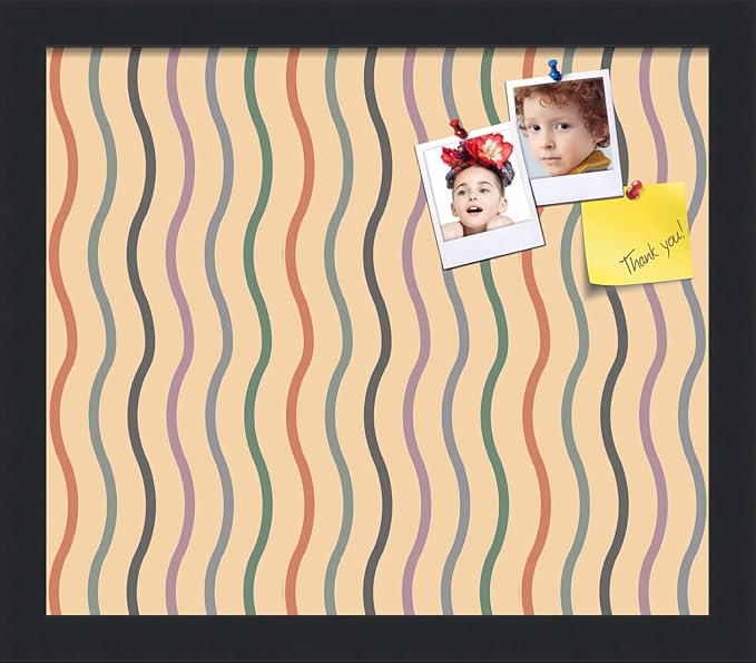 PinPix 14x12 Inch Cork Bulletin Board. This Decorative Framed Pin Board Comes with Multi Color Waves Design and a Satin Black Frame. Ideal for Home Office Decor or Message Board (PinPix-565)
