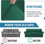 H.VERSAILTEX Sofa Cover 4 Piece T Cushion Sofa Slipcovers Thick Velvet Couch Cover Stretch T Cushion Sofa Covers for 3 Cushion Couch with 3 Individual T Cushion Covers, Vintage Green