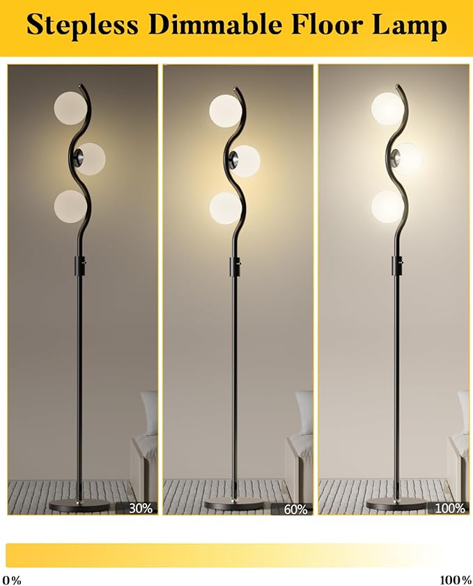 Dimmable Globe Floor Lamp Black Standing Lamps with 3 Soft Warm White 3000K Bulbs, Mid Century Modern Floor Lamp for Living Room Bedroom Home Decor